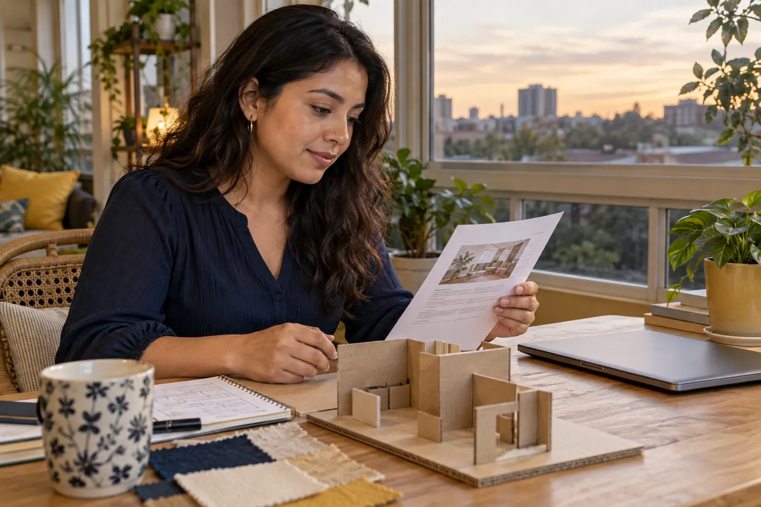 Jovem revisa uma descrição impressa de projeto ao lado de uma maquete de papelão em uma mesa junto à janela