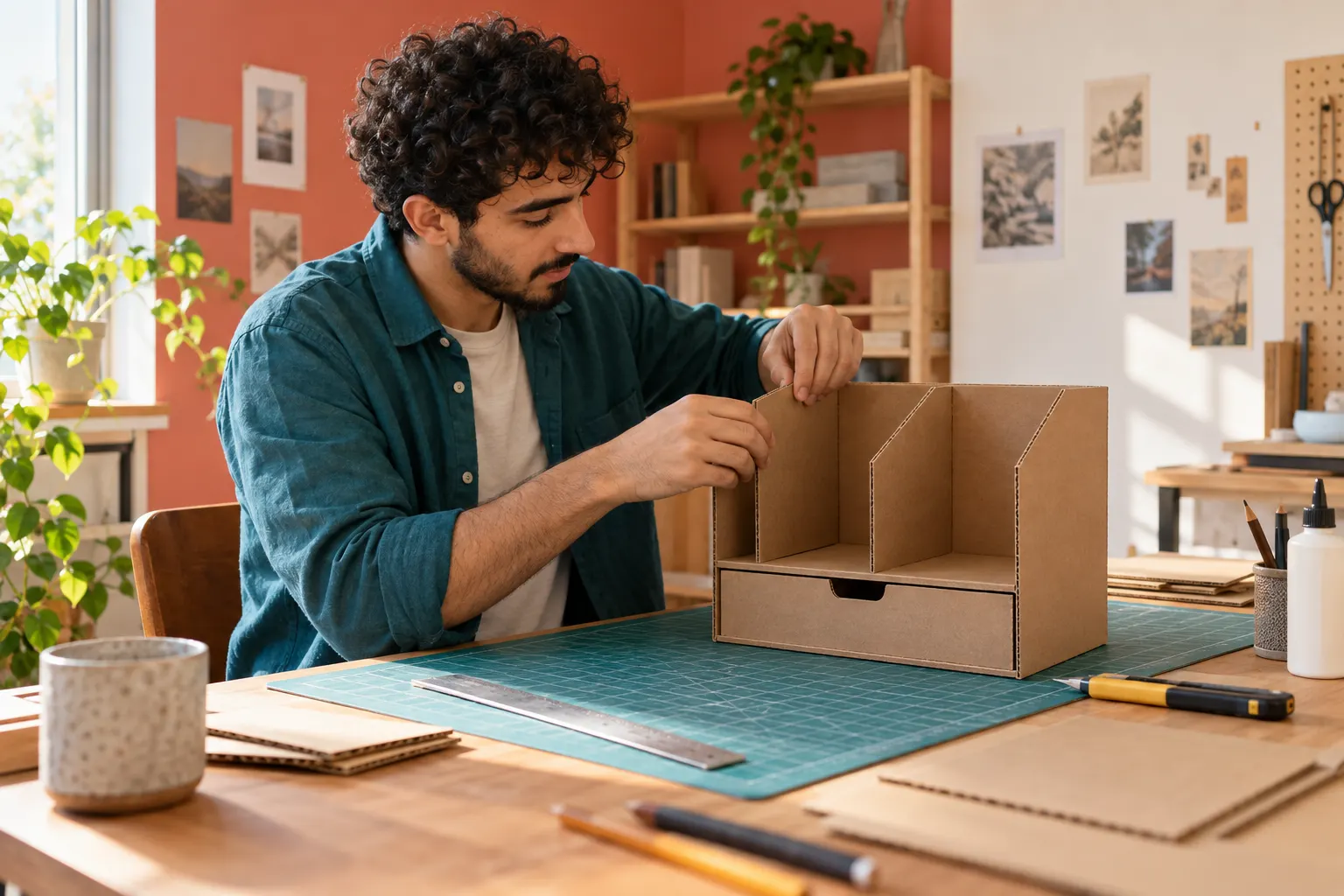 Jovem de camisa verde-azulada monta um pequeno organizador de papelão em uma bancada doméstica