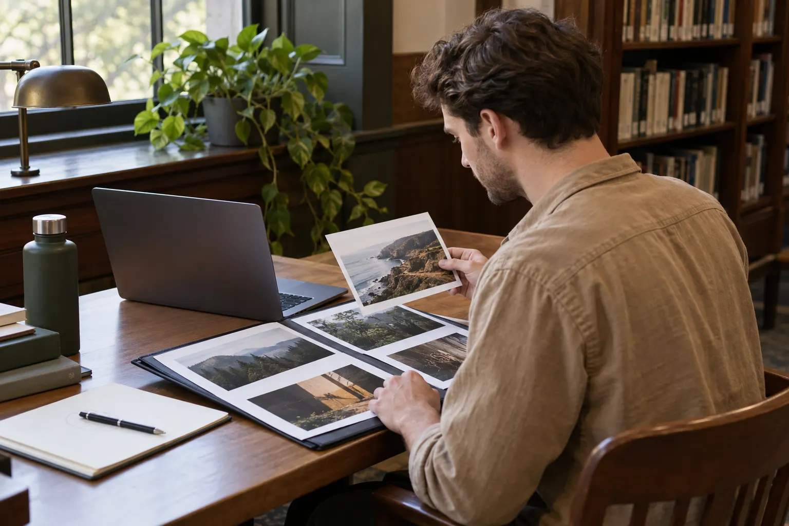 Jovem de sobrecamisa bege examina fotografias impressas de projeto ao lado de um notebook com a tela voltada para ele