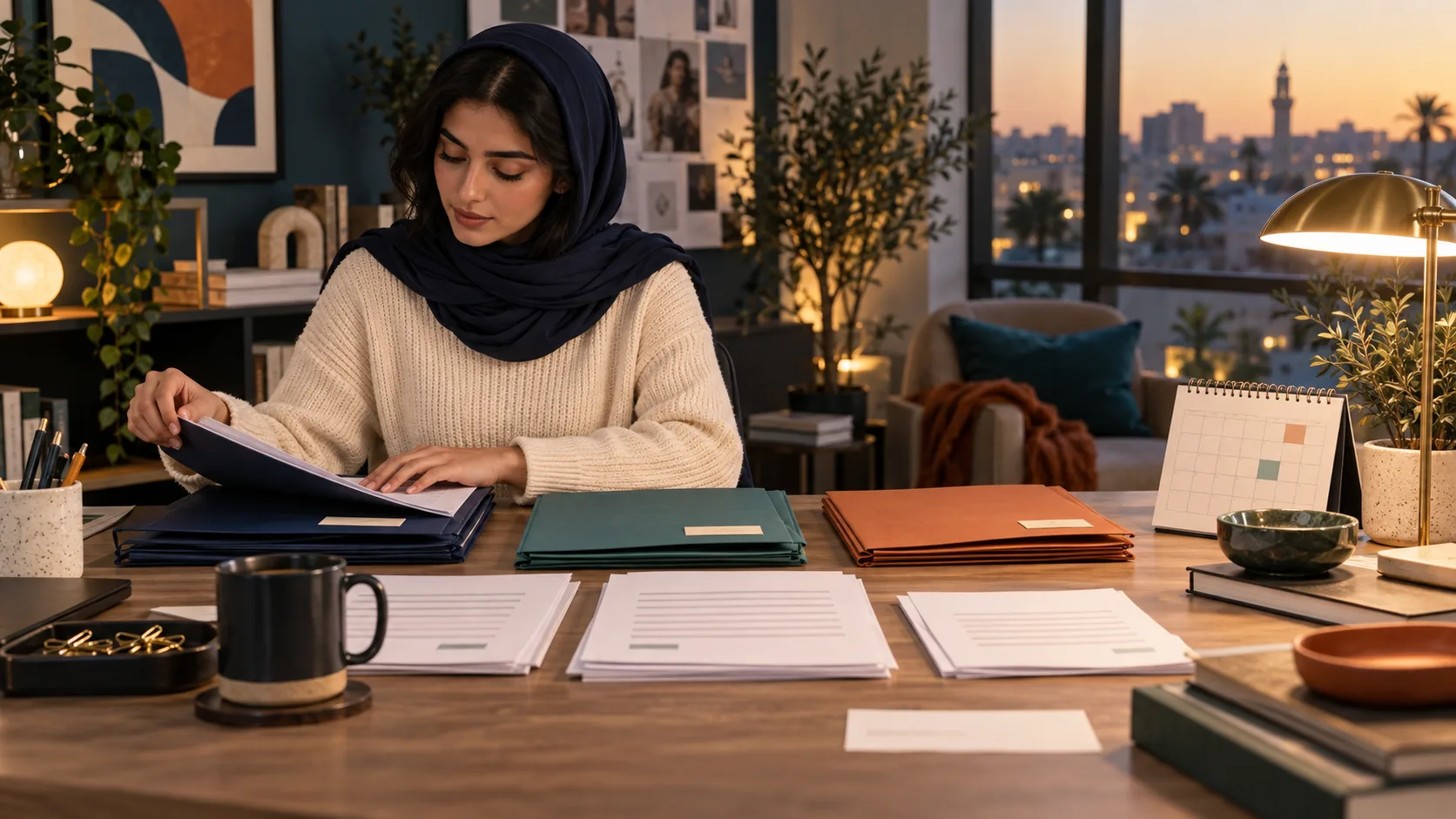 Young professional organizing color coded folders for different job applications beside a paper calendar