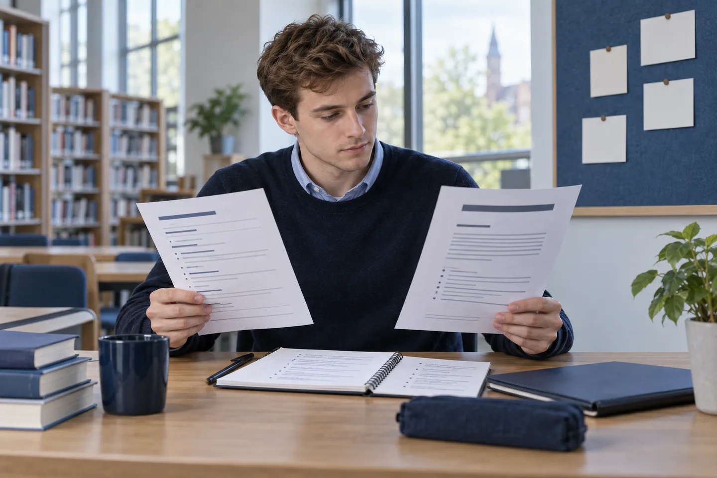 Young professional in a library comparing a submitted resume with a printed job brief before an interview