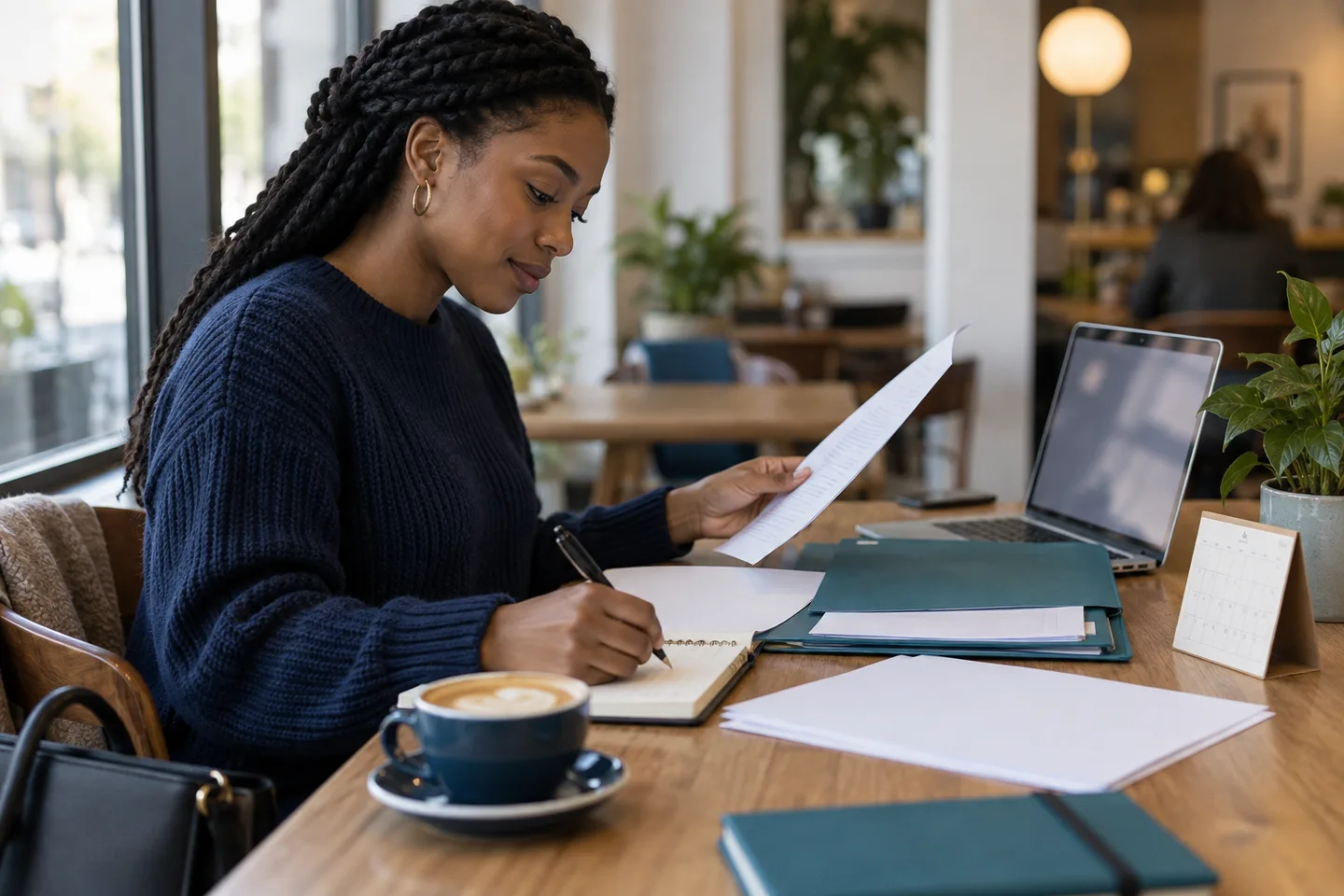 Young professional reviewing an application document and writing the next action in a notebook at a cafe