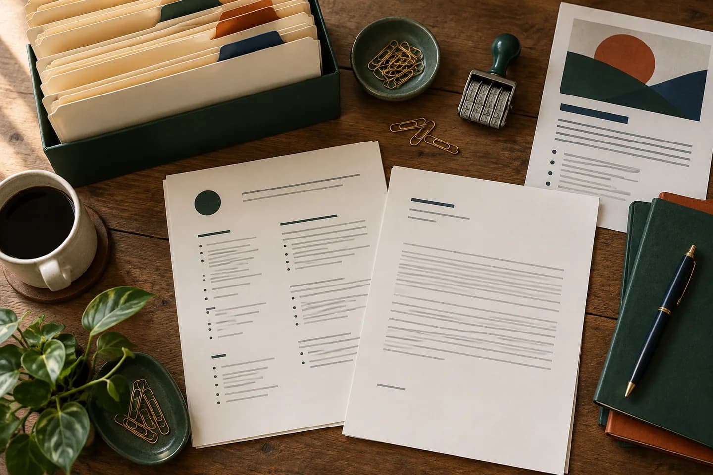 Overhead view of an organized archive with blank resume pages, cover letter pages, folders, and colored tabs
