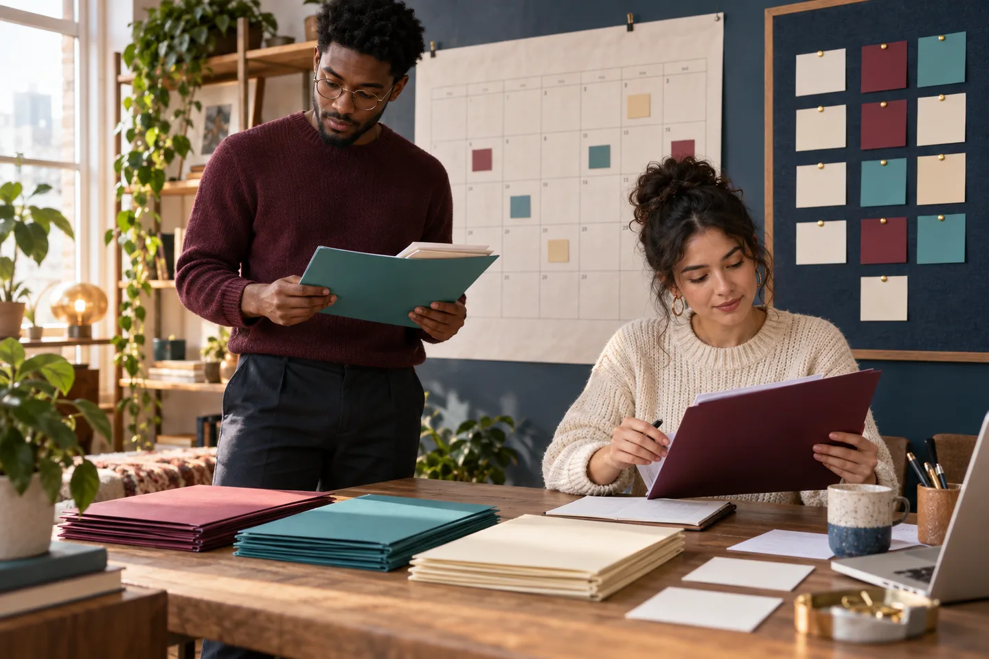 Two young professionals reviewing color coded application folders and a paper calendar during a weekly planning session