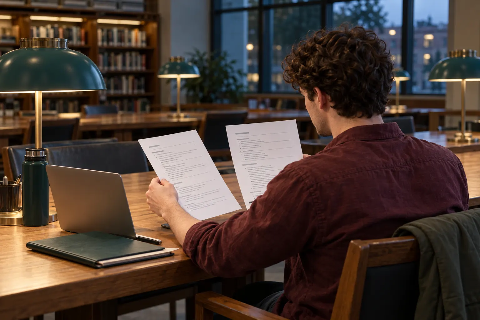 Young man in a burgundy shirt compares printed pages beside a folder and laptop at a library table