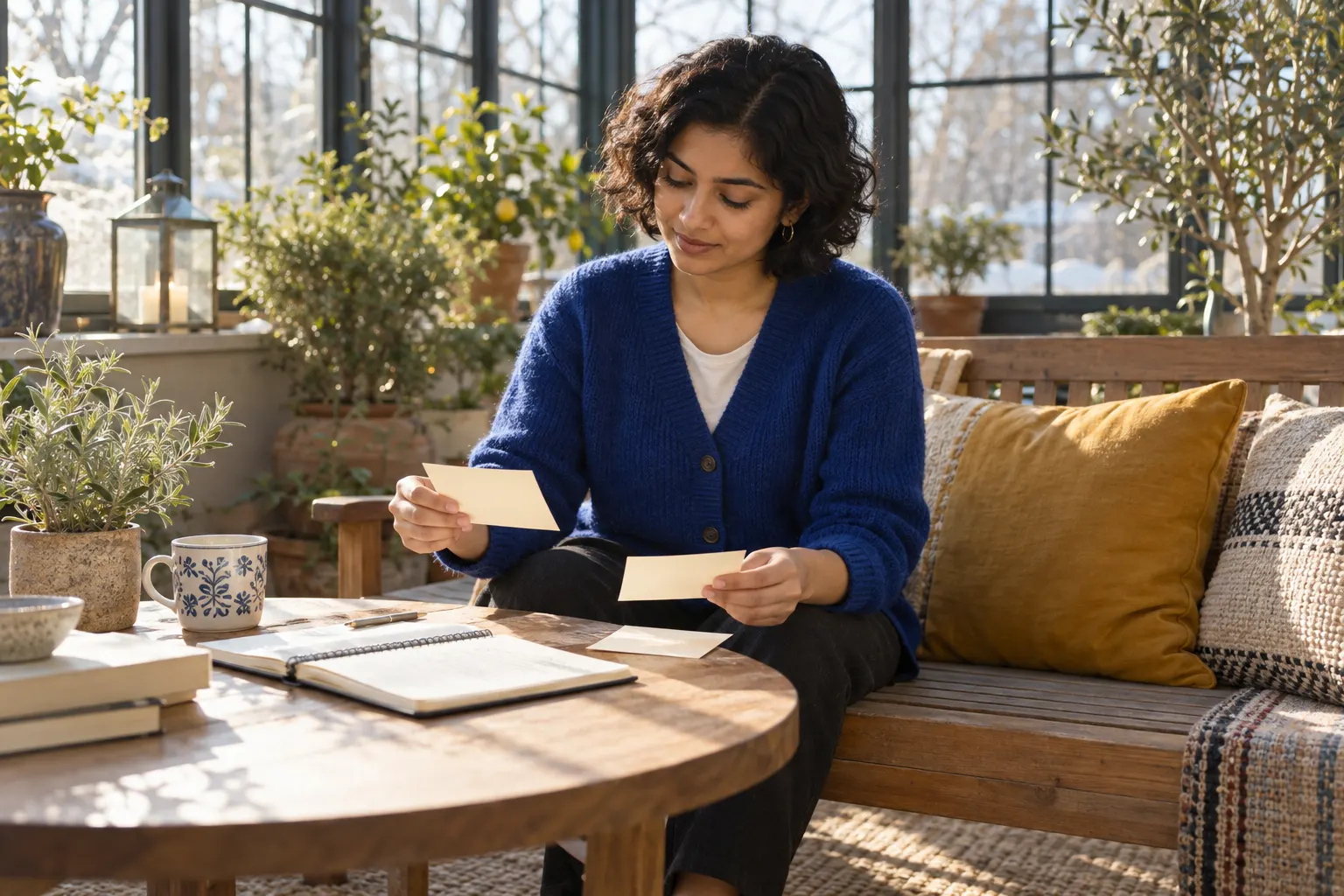 Young woman in a blue cardigan sorts paper notes beside a notebook at a winter-garden table