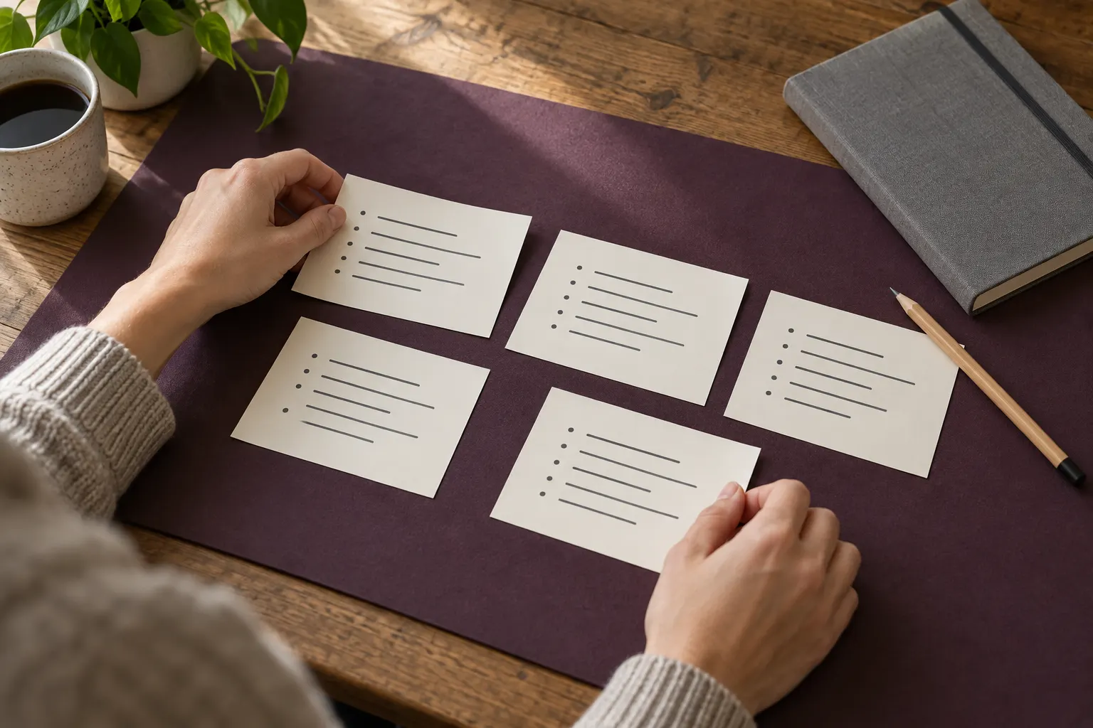 Hands arrange cream cards with indistinct notes on an aubergine mat beside a pencil and closed notebook