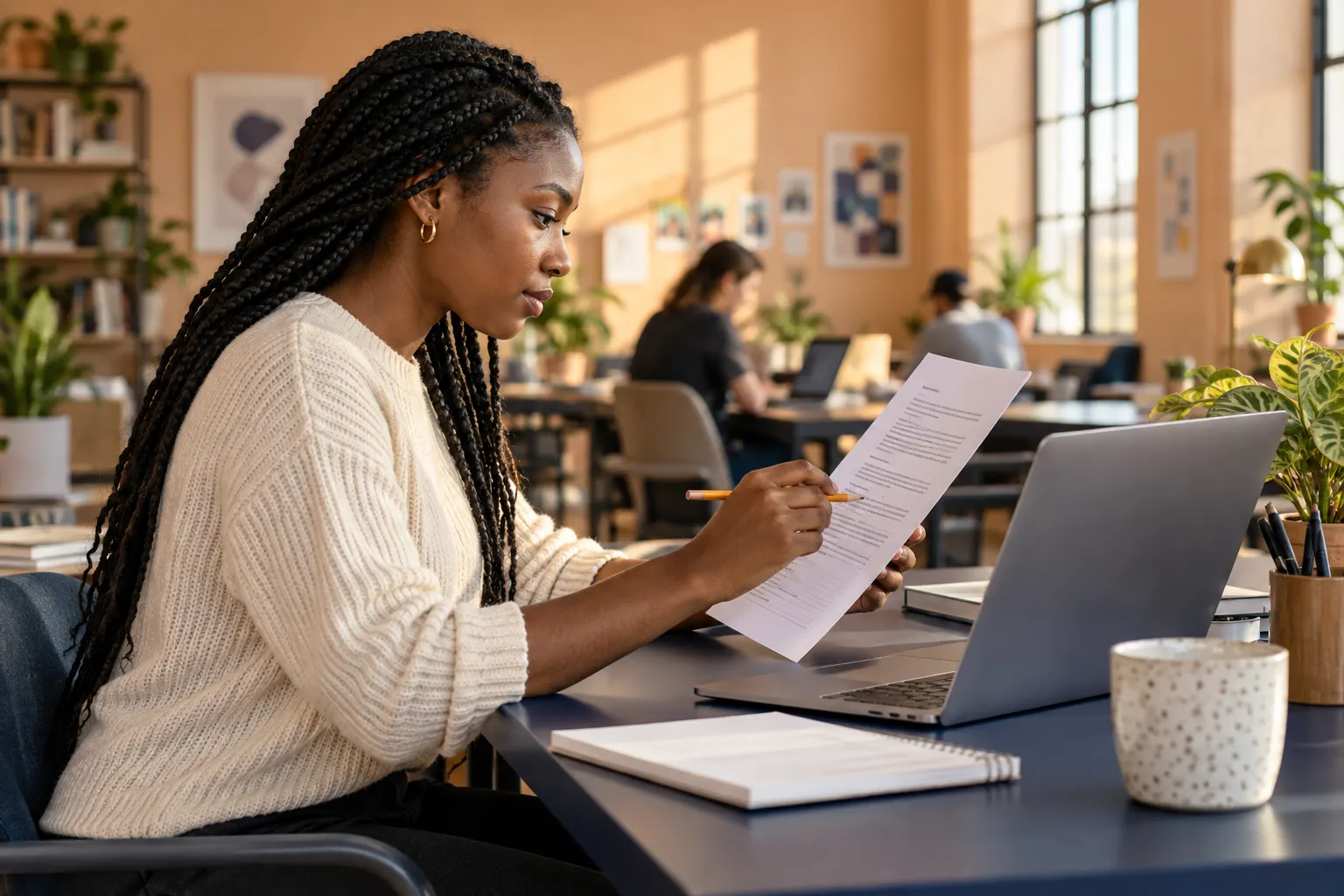 Young woman in a cream knit top reviews a printed paragraph with a pencil beside a laptop facing away