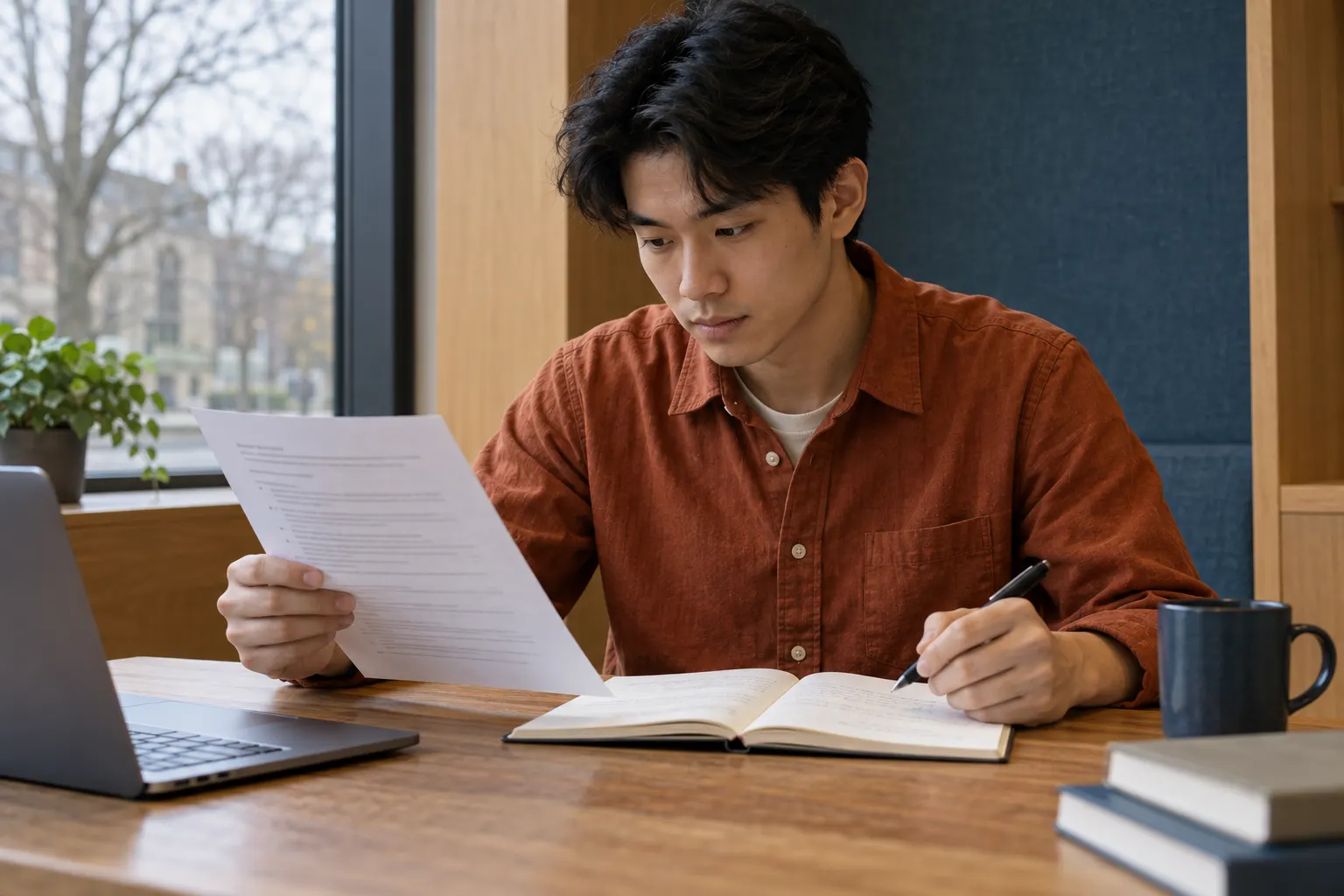 Young man in a rust shirt compares a vacancy sheet with a notebook in a quiet study alcove
