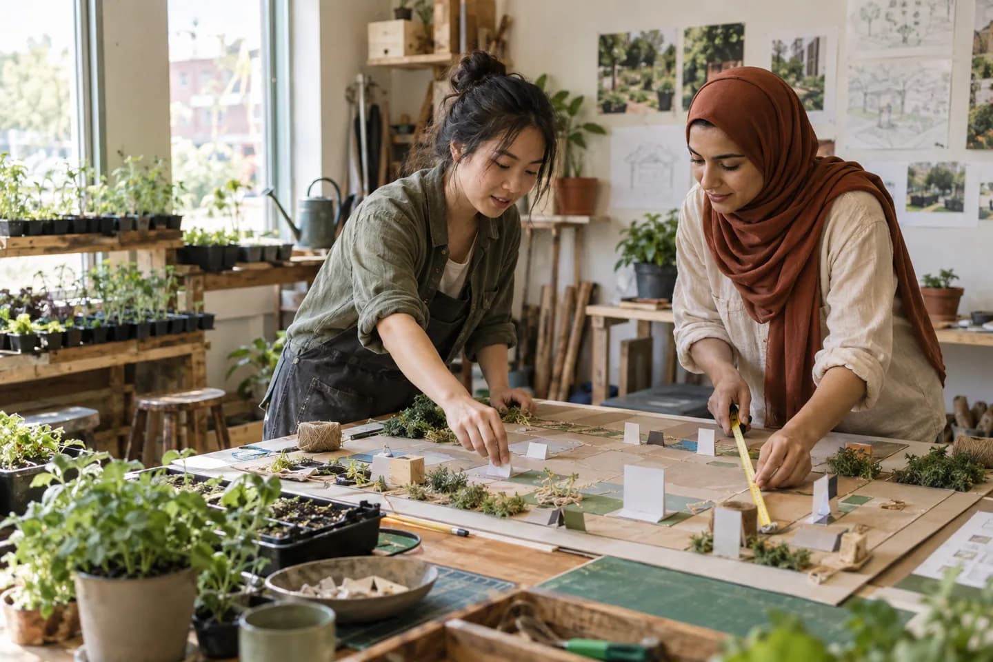 Two young adults measuring a community garden layout prototype in a practical planning room