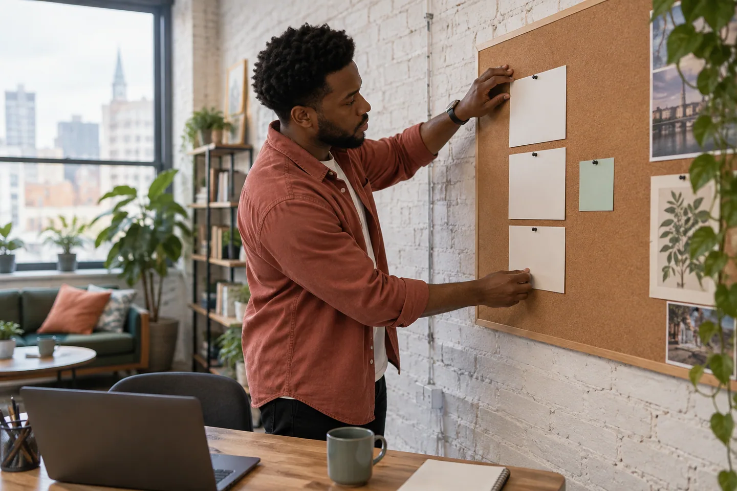 Young professional pinning three blank role cards in a visible vertical sequence beside a smaller skills card