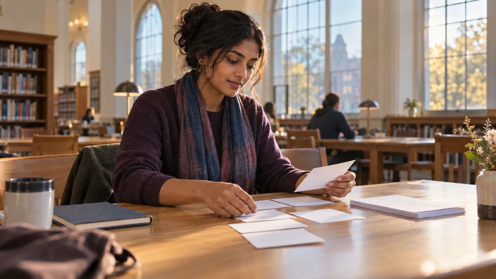 Young professional sorting blank evidence cards beside a plain resume at a sunlit library table