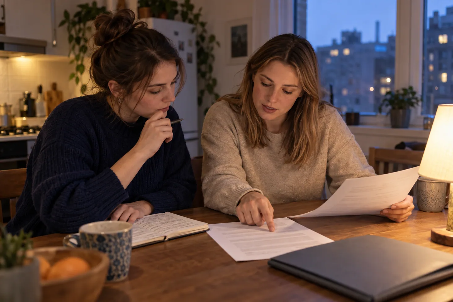 Two young professionals checking a plain resume against a notebook at a quiet apartment table in the evening