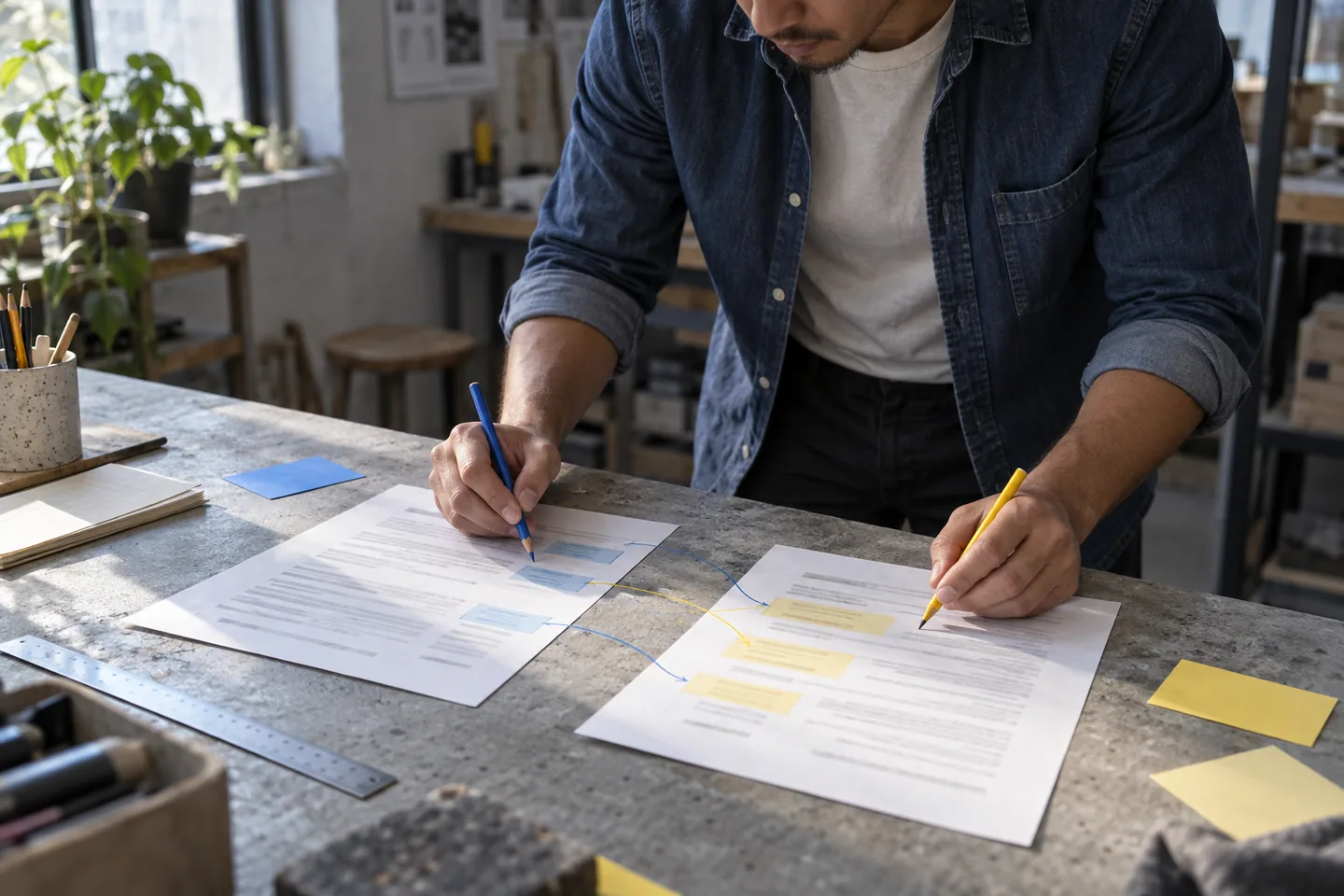 Professional comparing two indistinct documents with blue and yellow pencils on a concrete workshop table