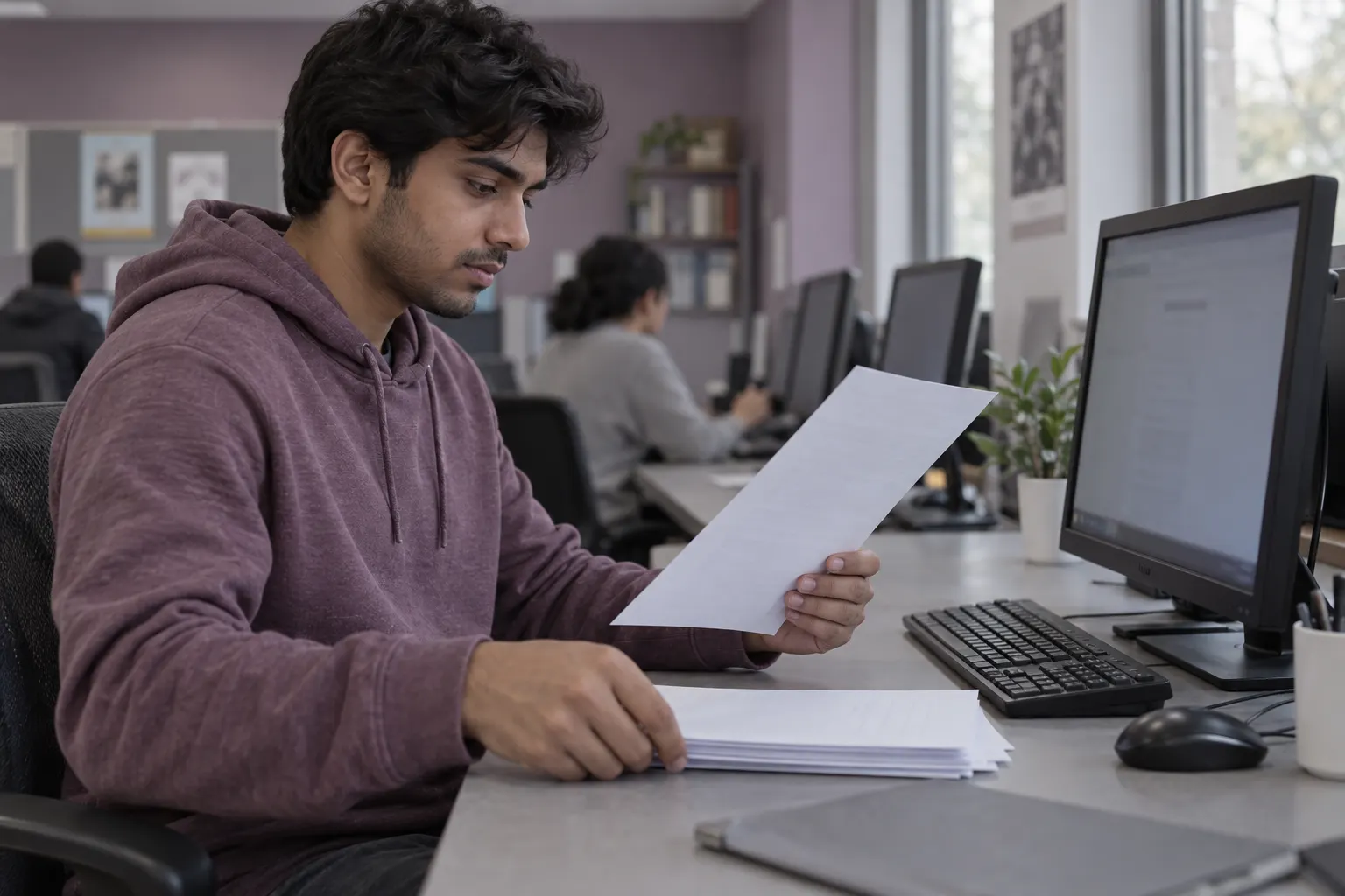 Young man compares a printed application sheet with a computer screen in a quiet computer room