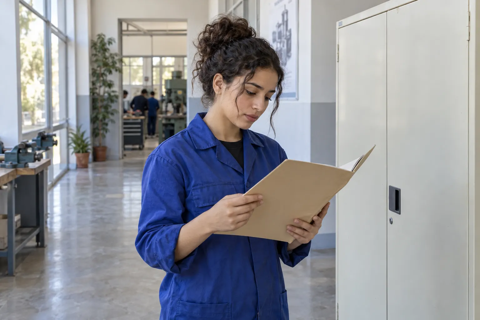 Young woman checks a plain credential folder in a bright vocational training corridor