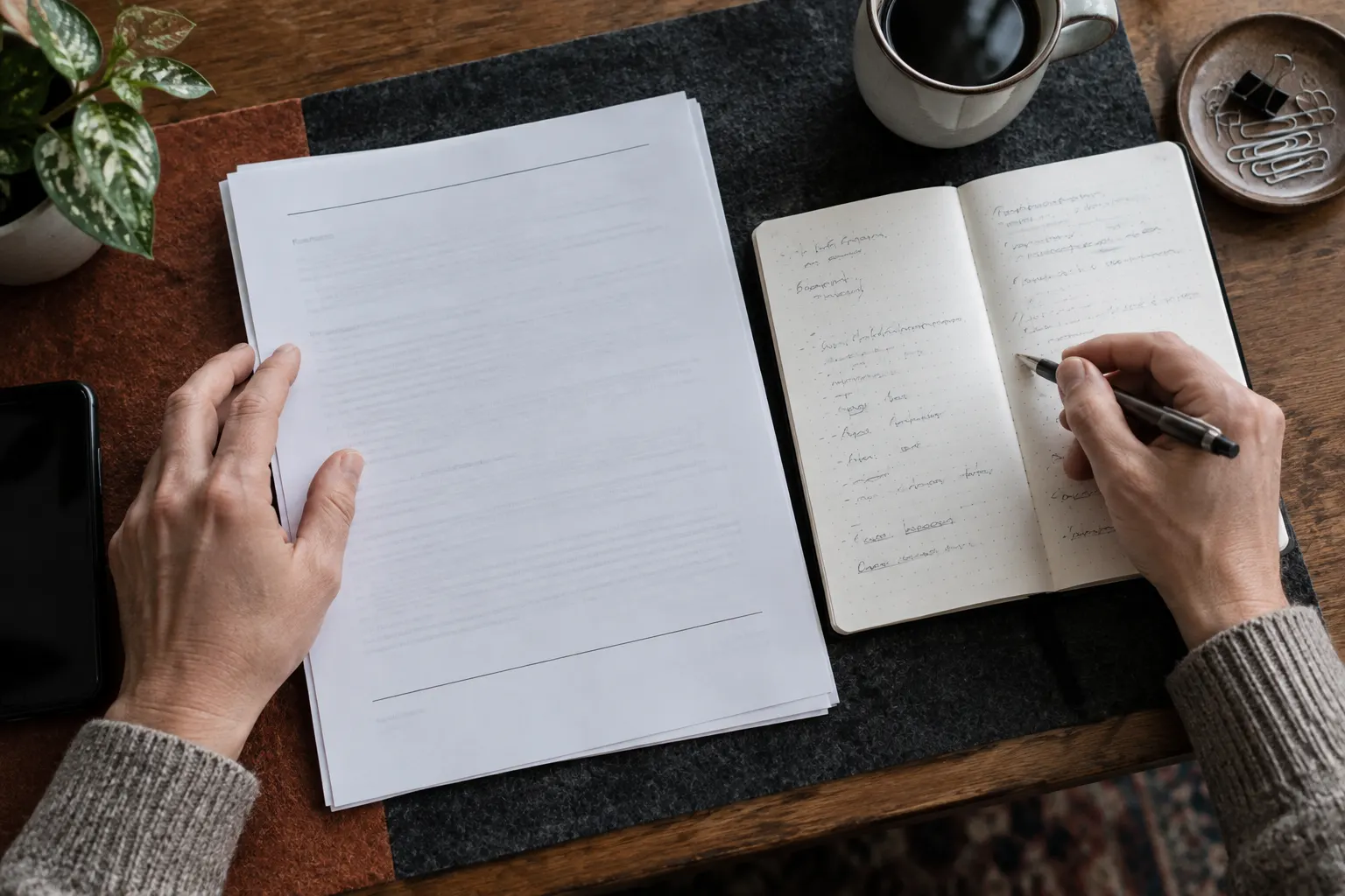 Hands compare a plain completion document and notebook on a rust-colored desk mat