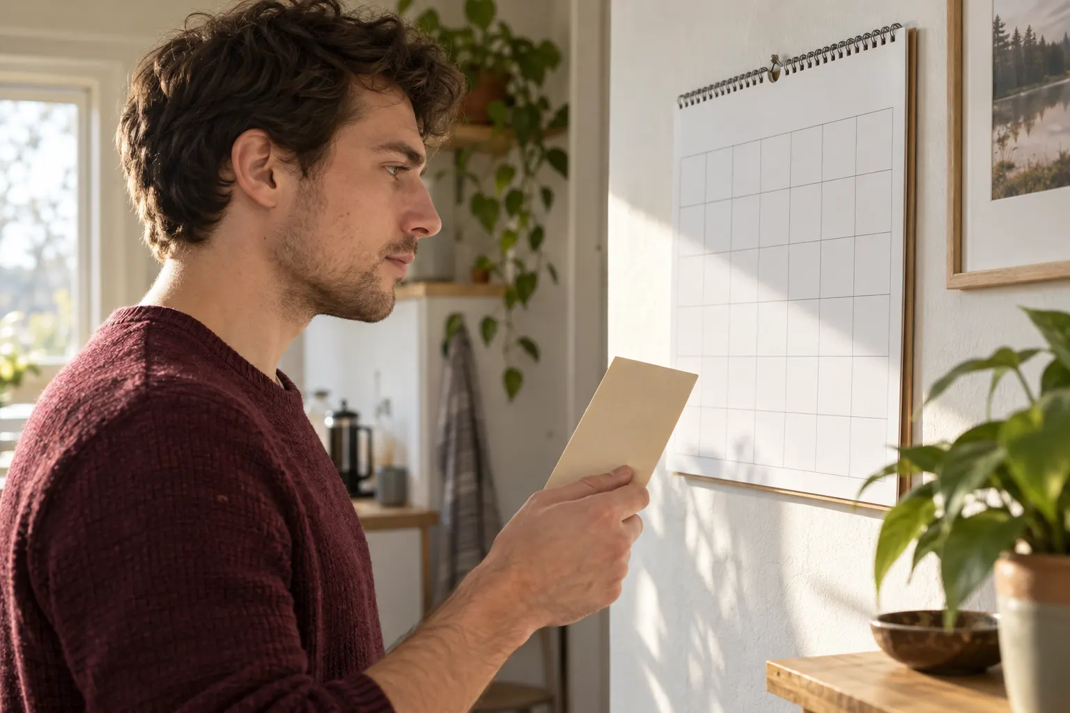Young man compares a plain document card with a blank wall calendar at home