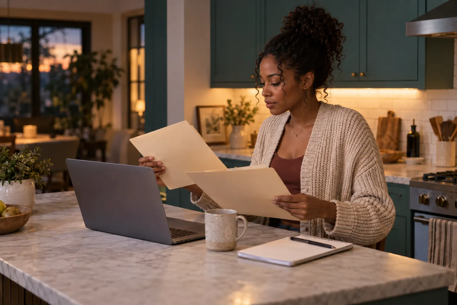 Young woman selects two plain folders beside a laptop at a kitchen island