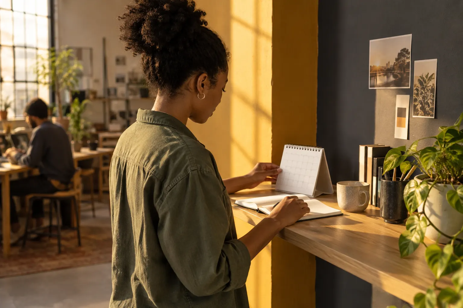 Jeune femme vérifiant un calendrier papier et un carnet sur une étagère d'atelier partagé