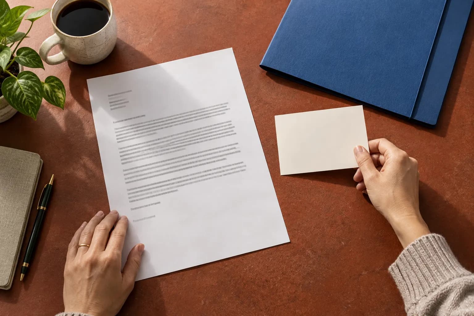 Des mains placent une carte simple près d'une lettre imprimée et d'un dossier bleu sur une surface couleur rouille