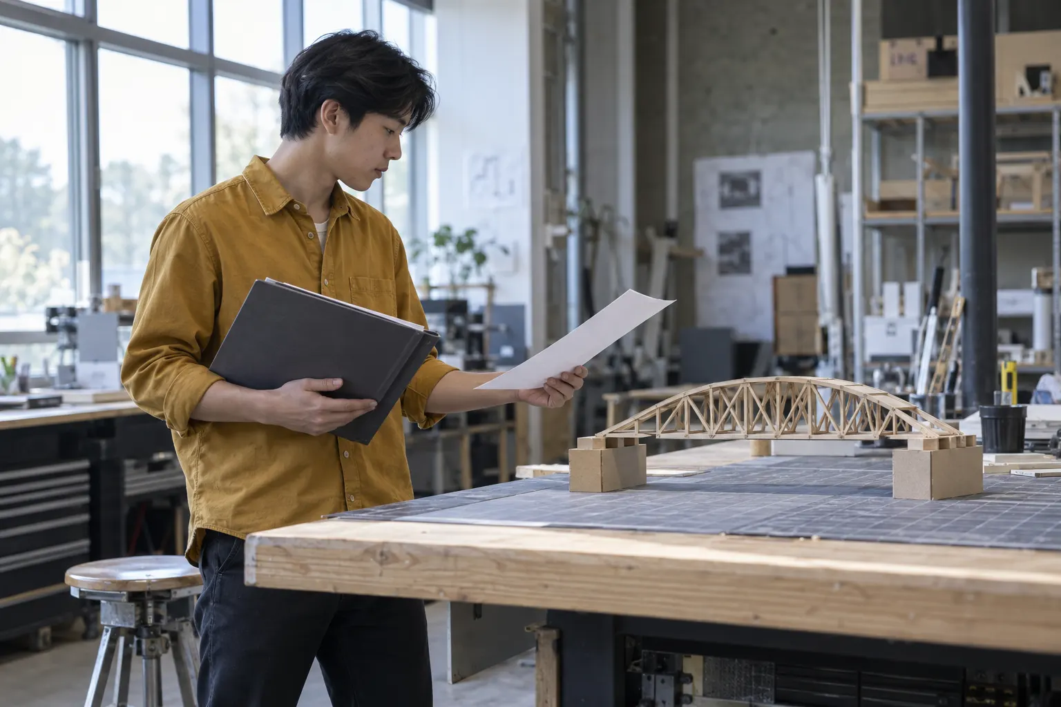 Young graduate compares a course folder and an application page beside a cardboard bridge prototype