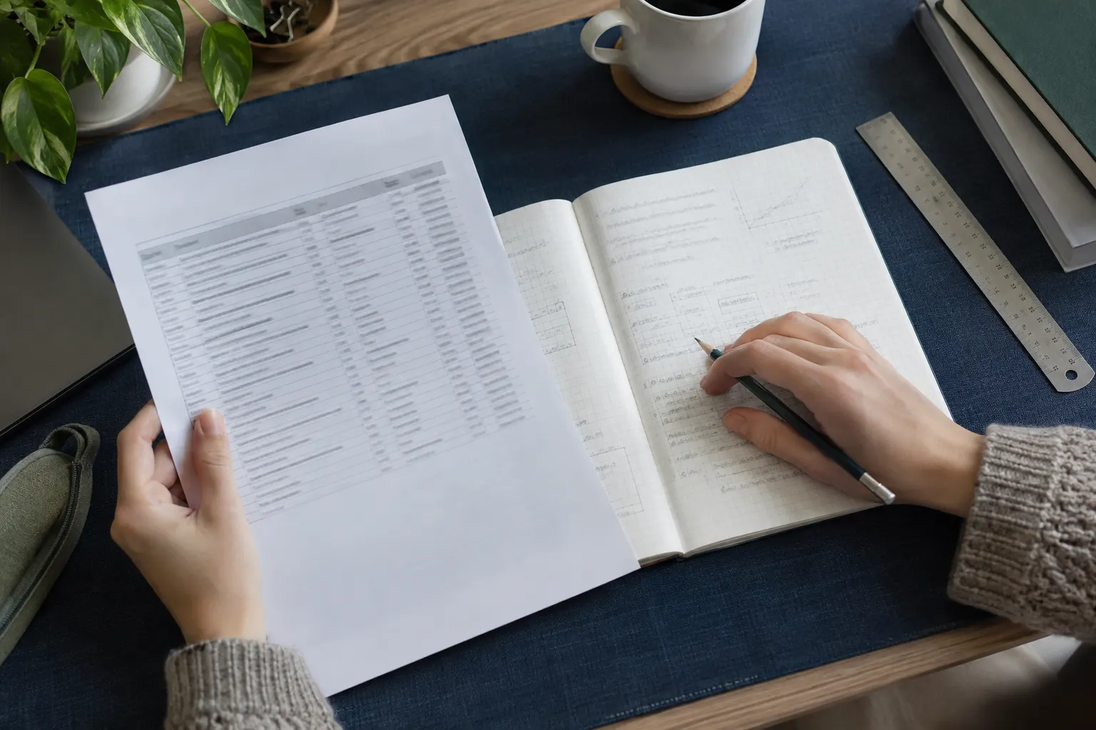 Hands compare a course record with a project notebook on a dark desk mat
