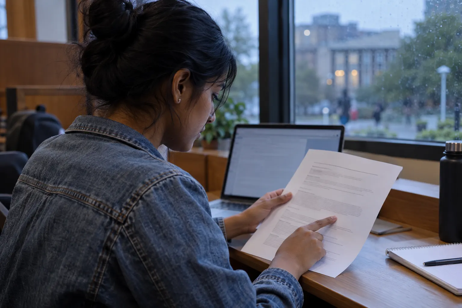 Graduate compares a printed resume with an indistinct laptop screen in a campus computer nook