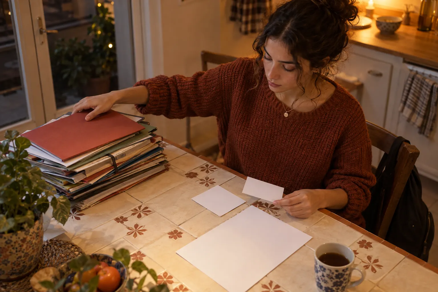 Student sets aside a stack of course folders and selects two cards at a kitchen table