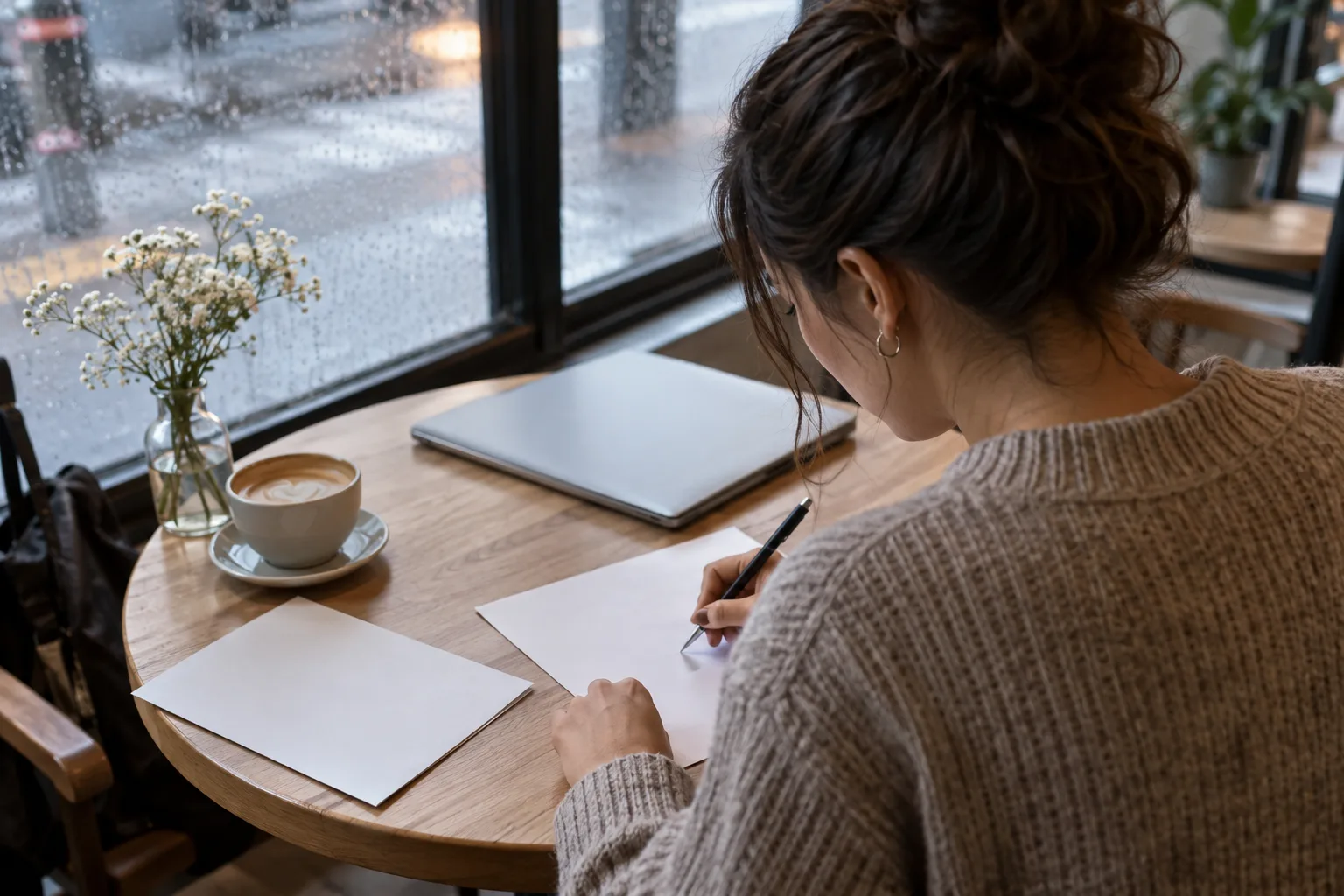 Young woman drafting on blank paper beside a closed laptop in a rainy cafe