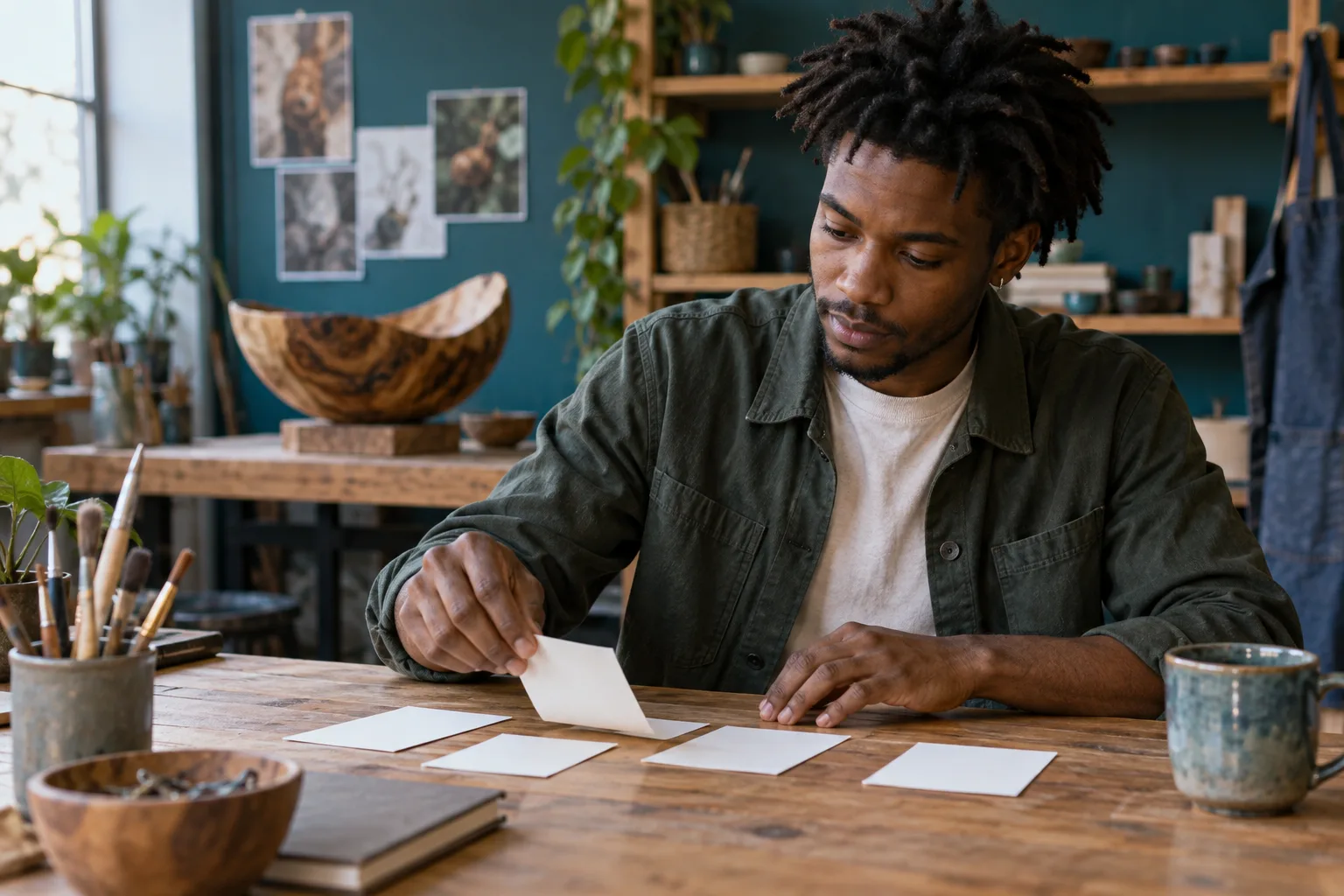 Young professional selecting one blank project card in a community arts workshop