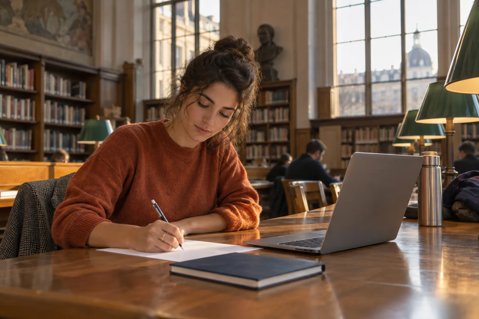 Young professional drafting a cover letter at a long public-library table in late-afternoon light