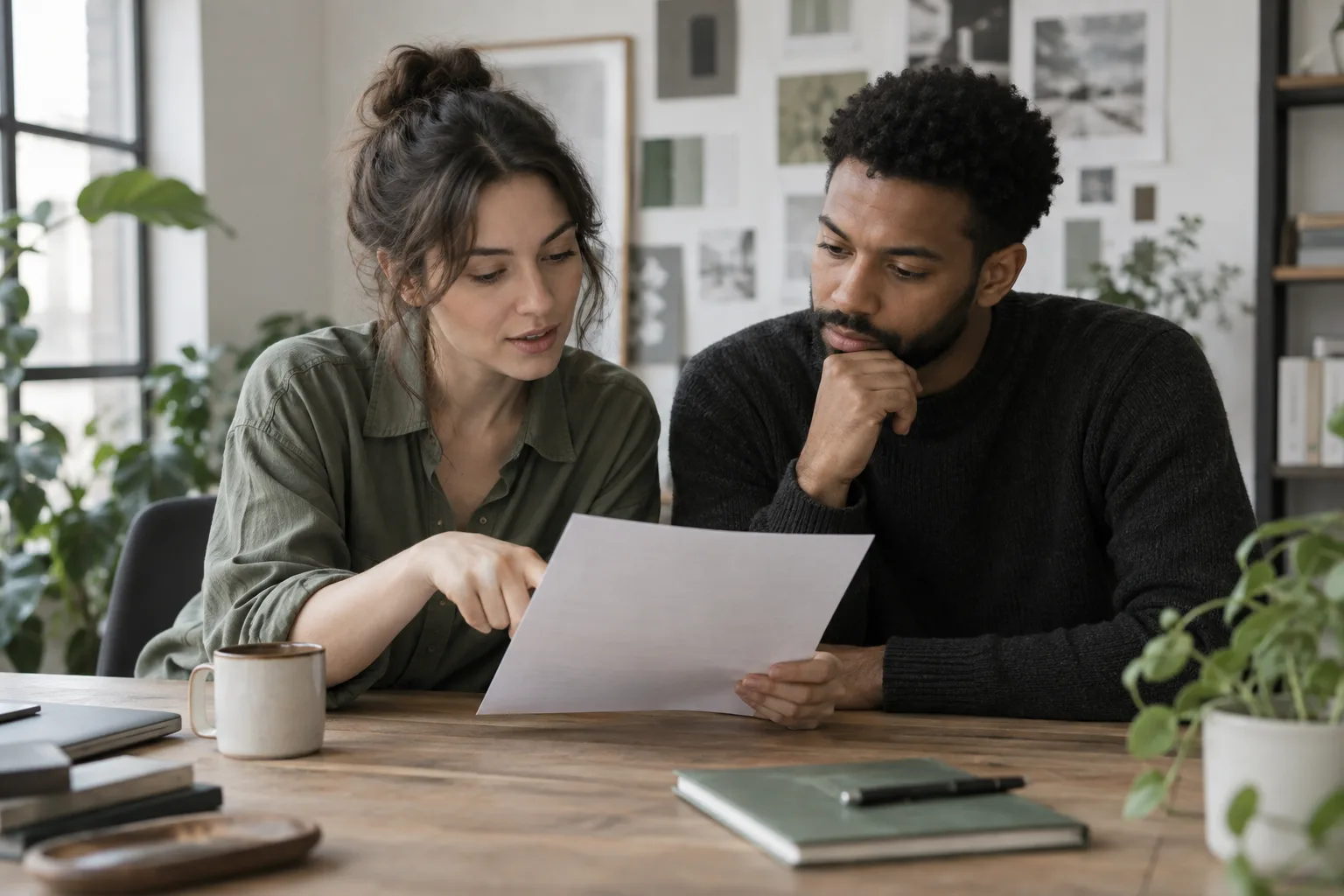 Two colleagues checking the first paragraph of an anonymous printed letter in a design studio