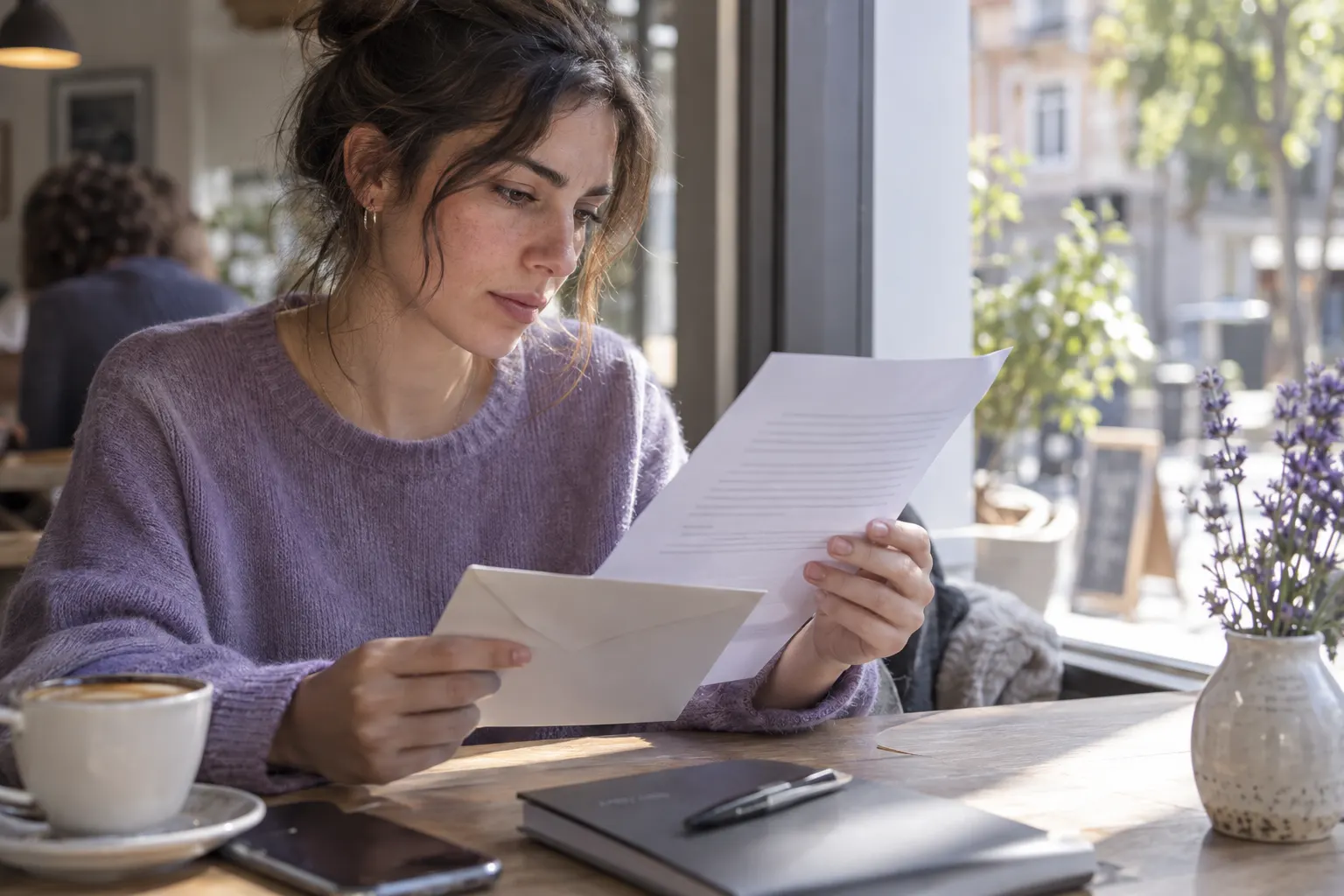 Applicant at a café window checks an anonymous printed letter before sending it