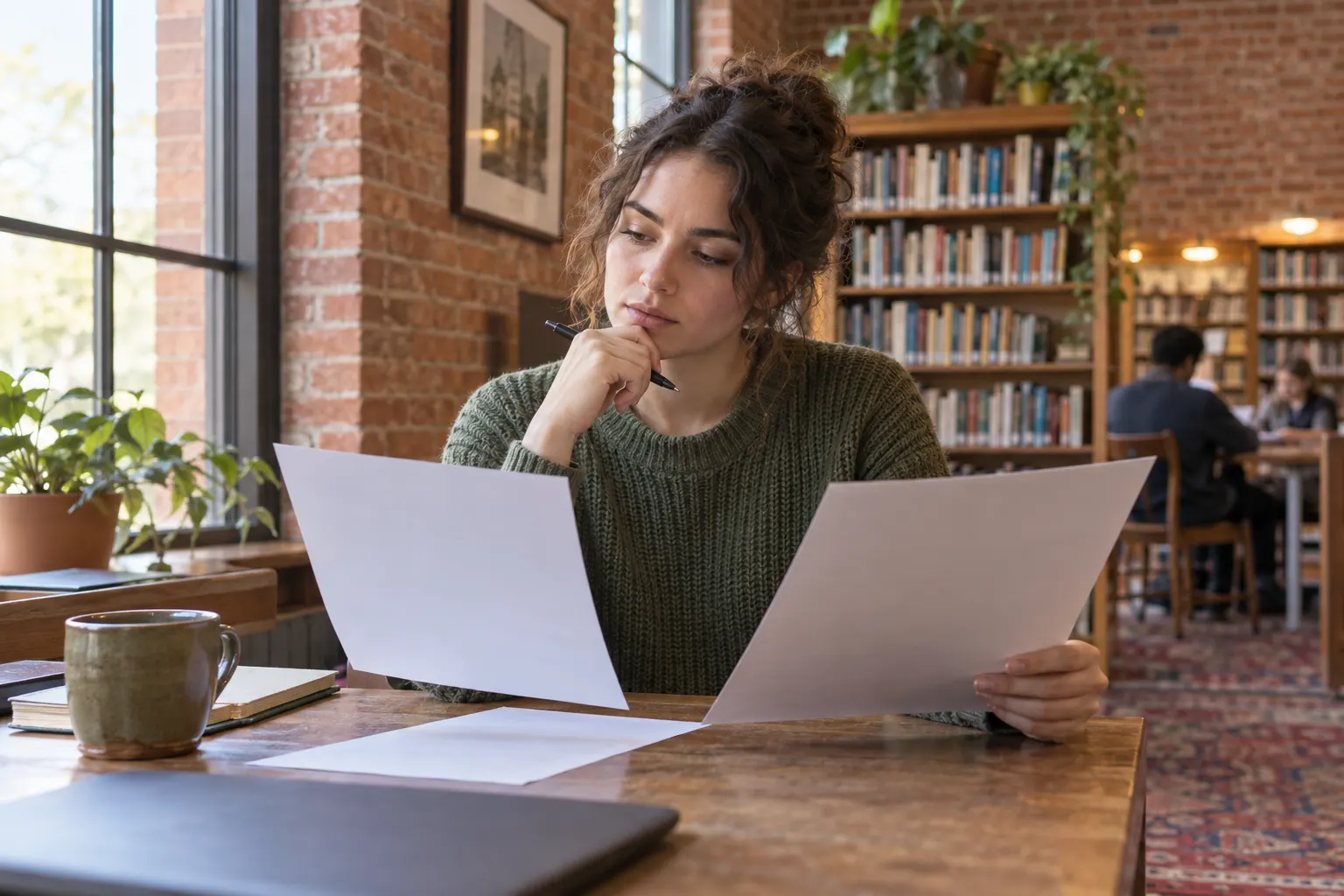 Young applicant in a brick-walled library reviews an anonymous letter and vacancy sheet