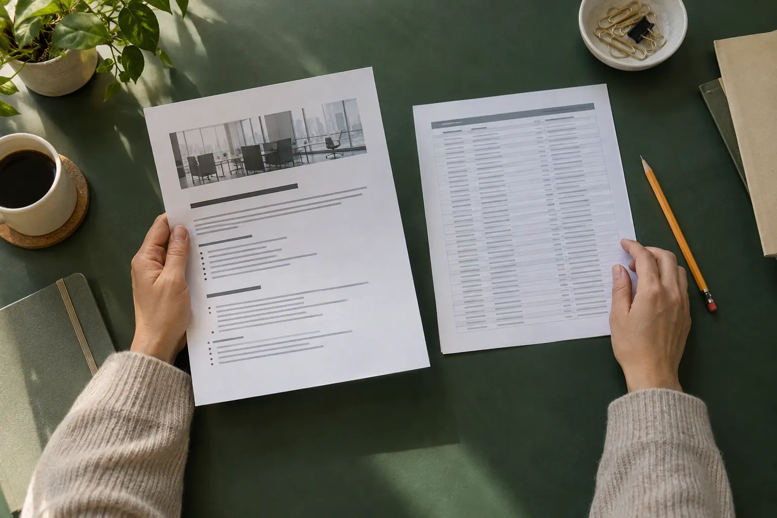 Hands compare anonymous vacancy and directory sheets on a green desk