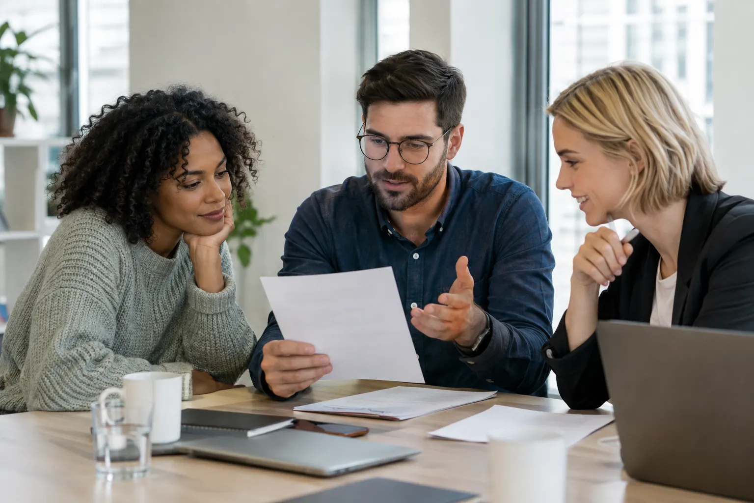 Three colleagues discuss an anonymous role sheet around a bright meeting table