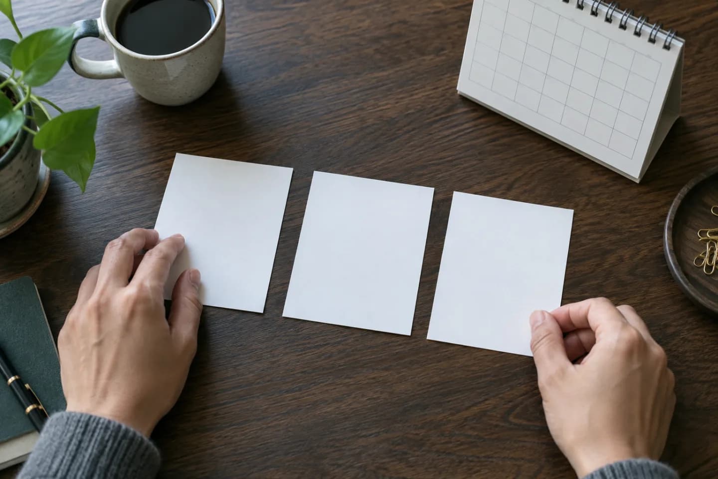 Hands arranging blank date cards beside an unmarked desk calendar