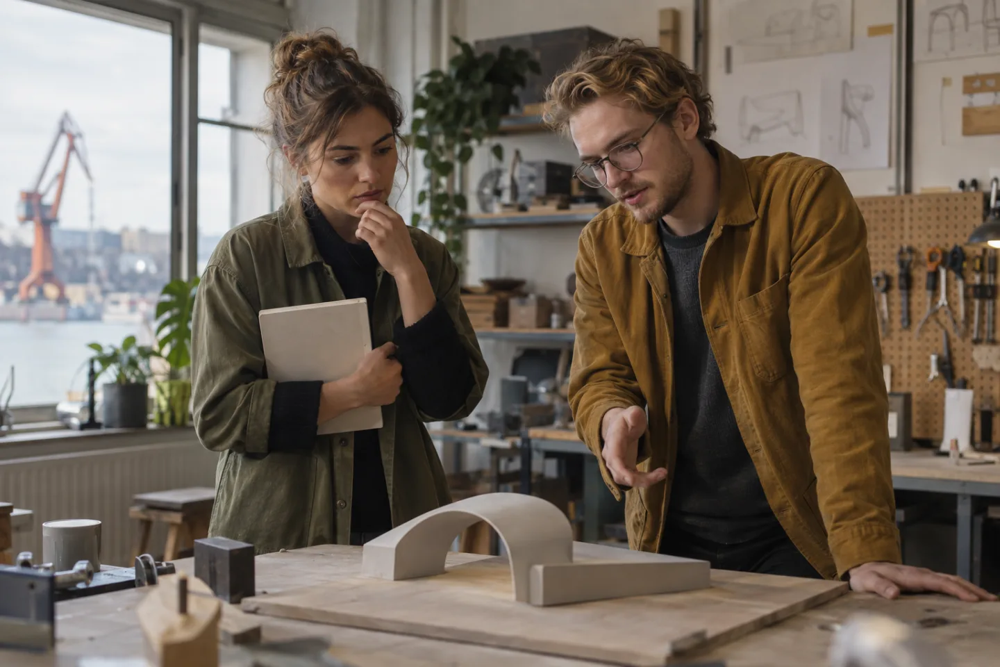 Two young colleagues discussing a neutral workshop prototype
