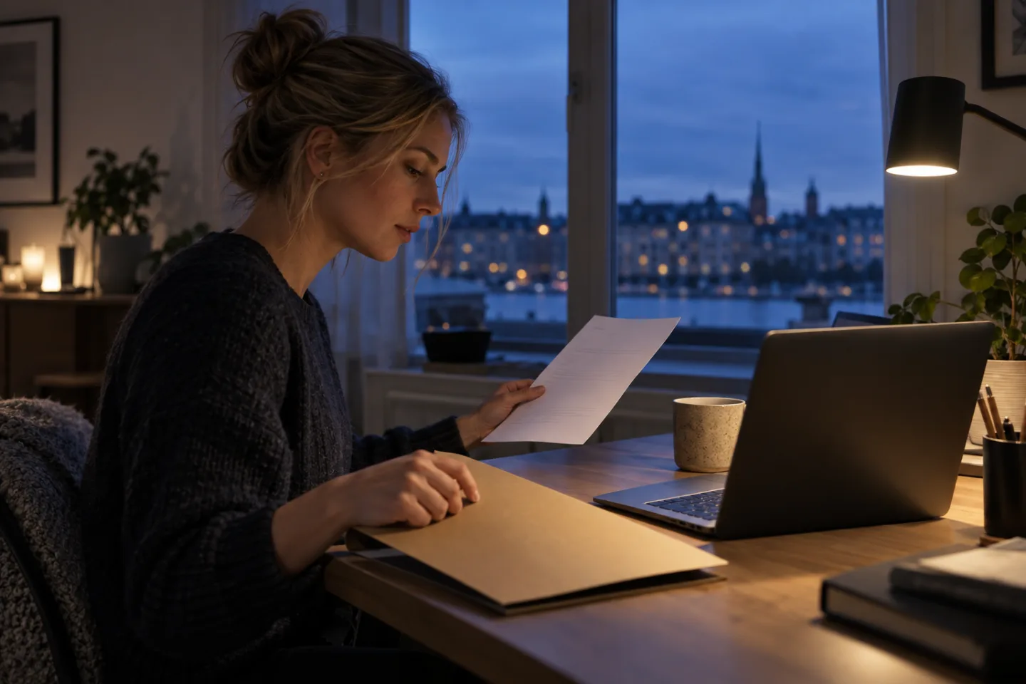 Young professional inspecting an anonymous resume printout at a home desk in evening light