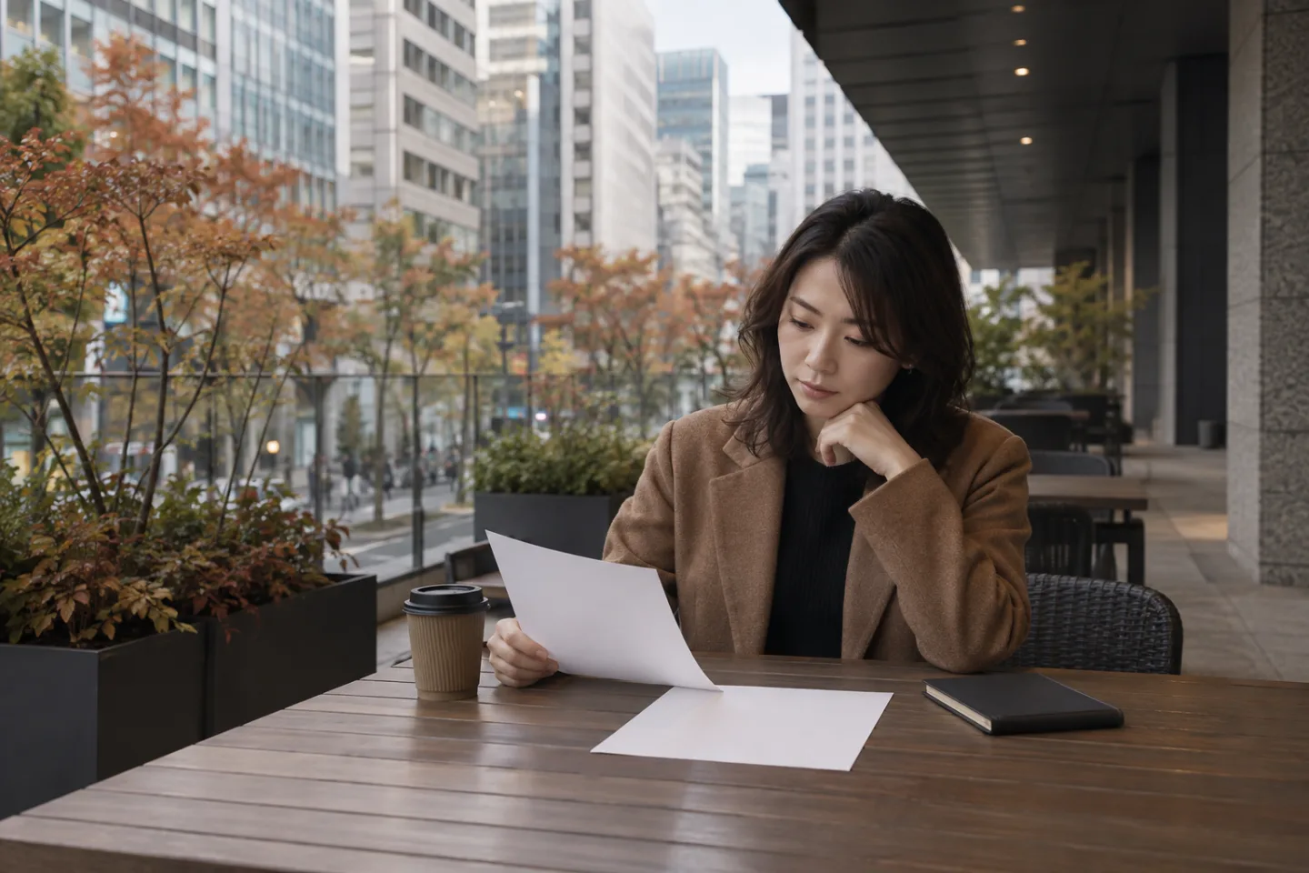 Young Japanese professional reviewing blank career papers on a city terrace after work