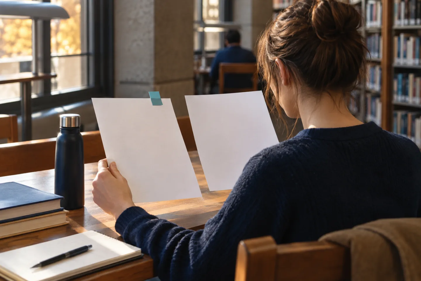 Applicant comparing two blank papers at a library table