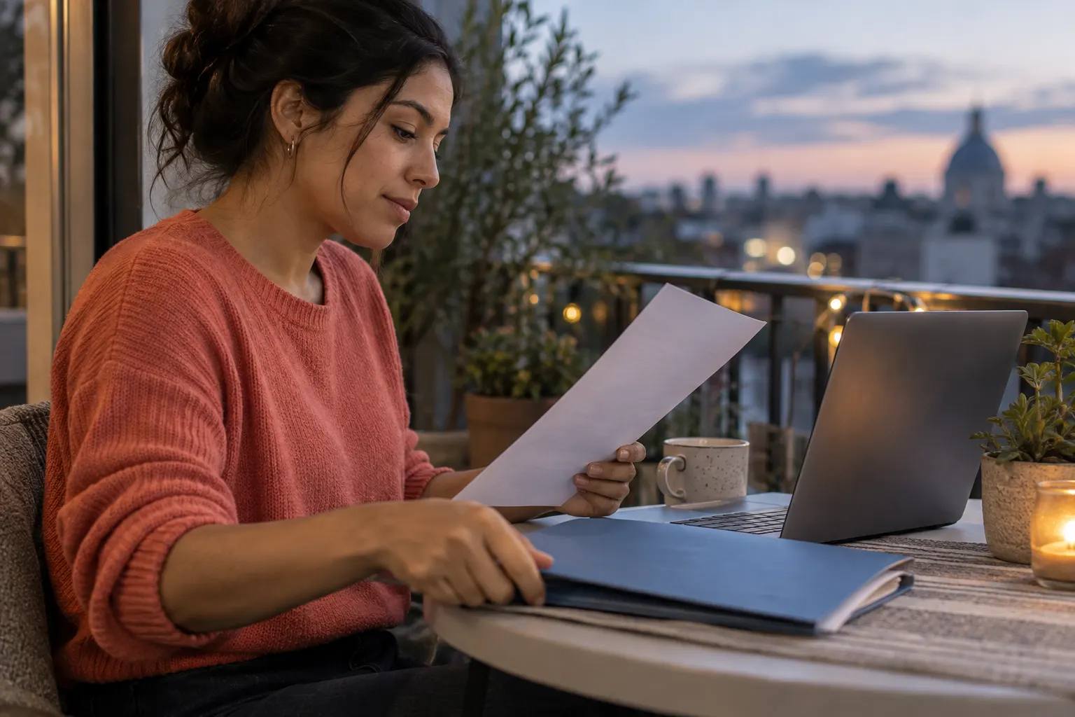 Young woman checks a paper against a laptop screen at a round balcony table before closing a folder