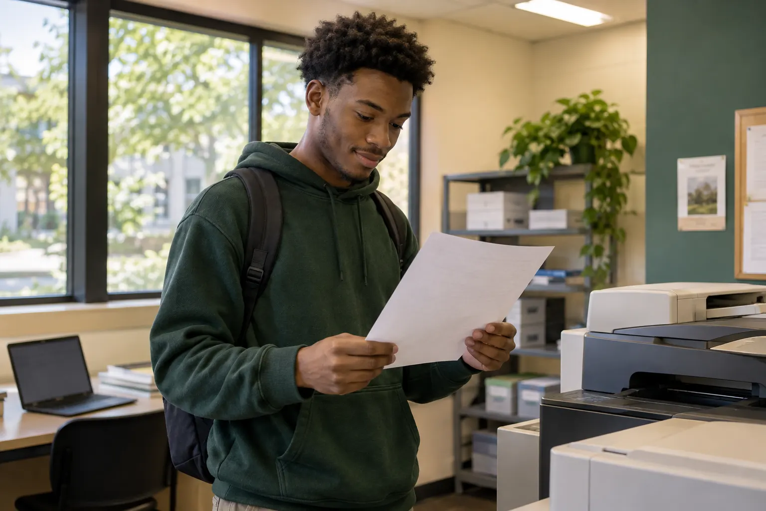 Young man inspects a freshly printed document beside a printer and laptop in a university print room