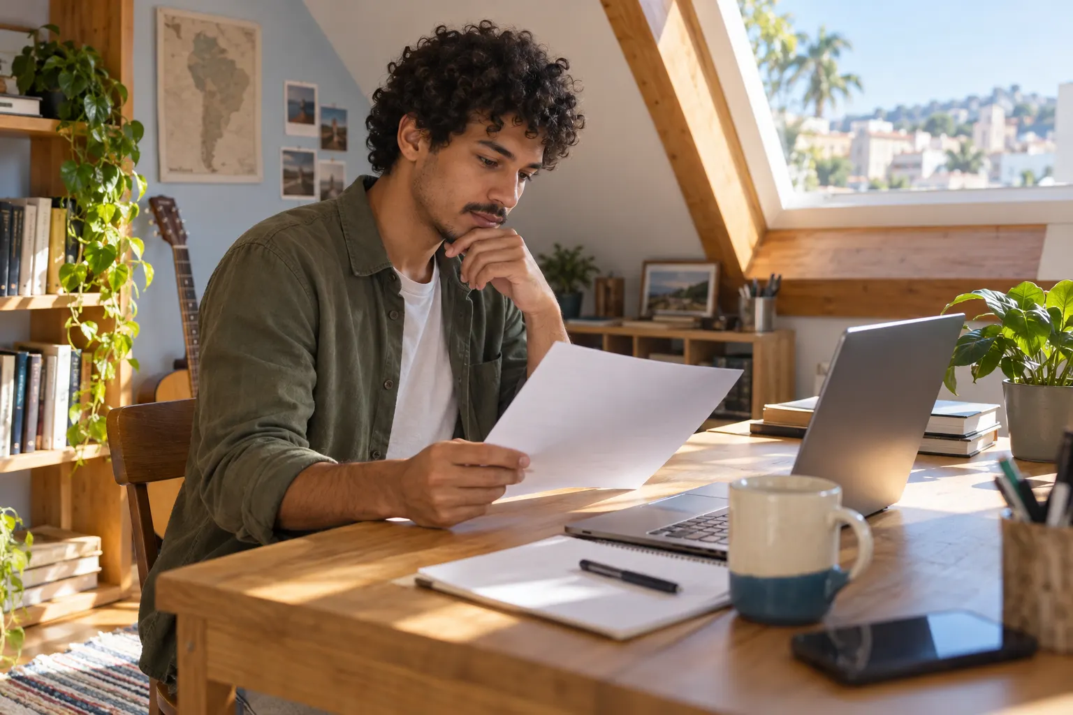 Young man checks an application sheet beside a laptop in a sunny attic workspace