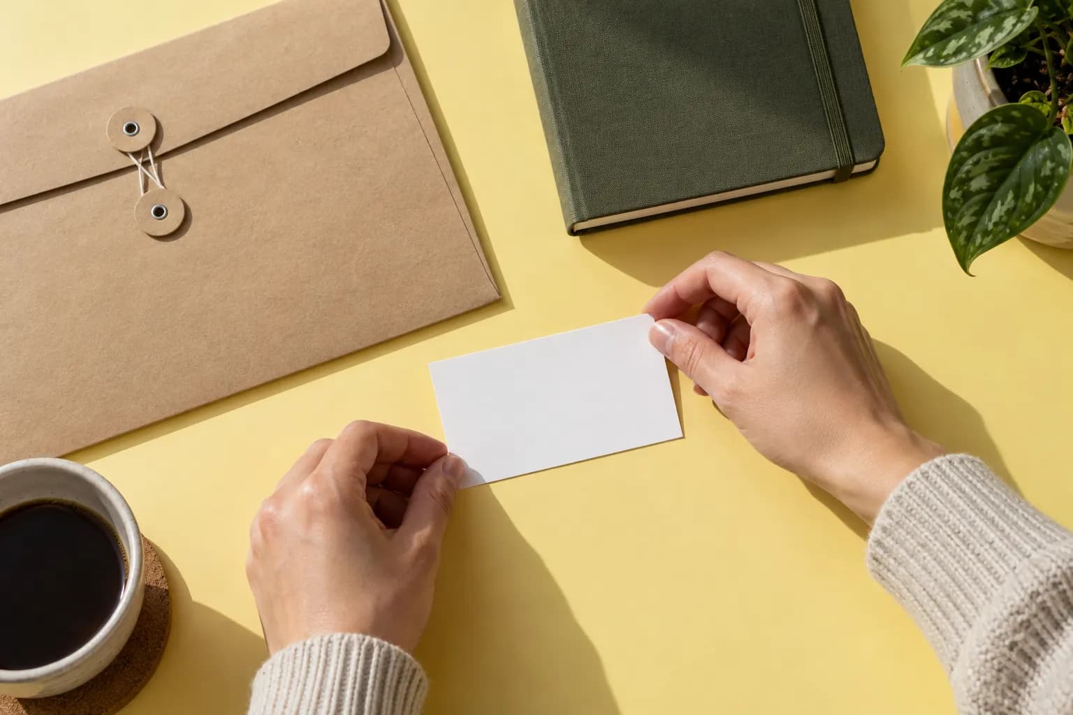 Hands place a plain card beside a document envelope and notebook on a pale yellow surface