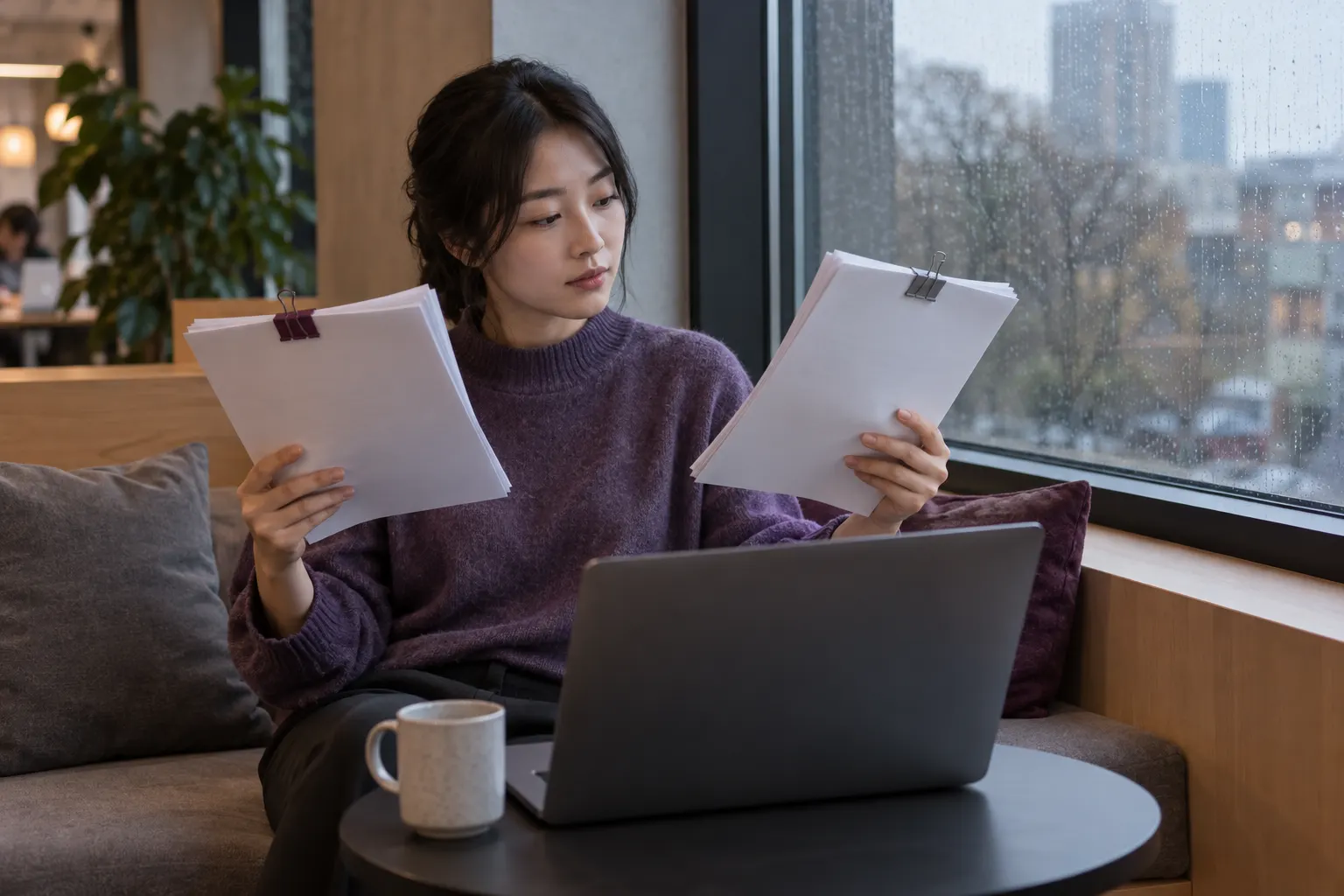 Young woman compares two paper bundles with different clips on a rainy coworking window bench