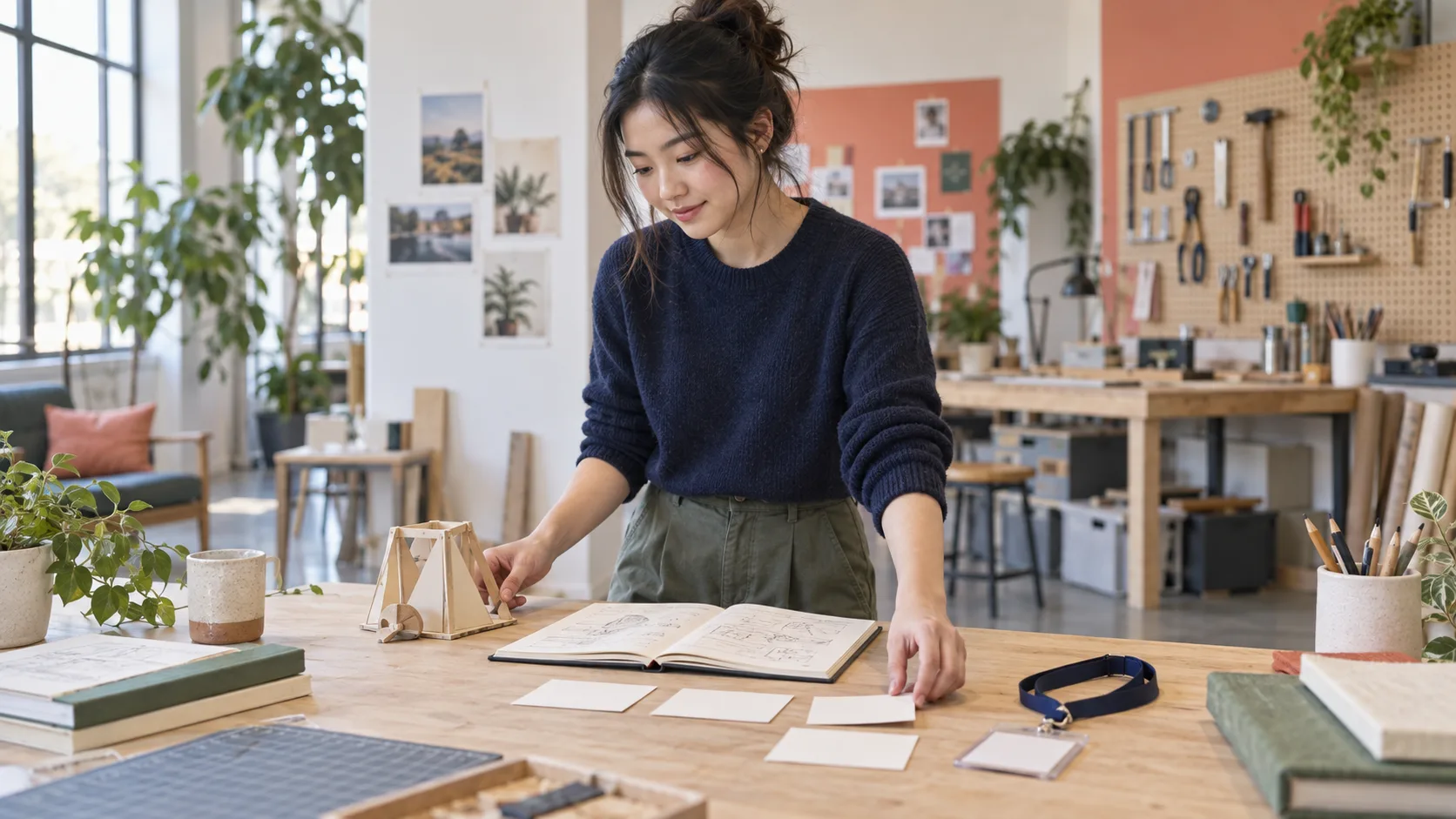 Young woman arranging project evidence, a sketchbook, and blank cards at a bright community workshop table
