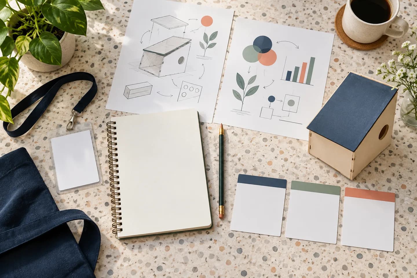 Overhead arrangement of a blank project notebook, volunteer badge, prototype, diagrams, and evidence cards