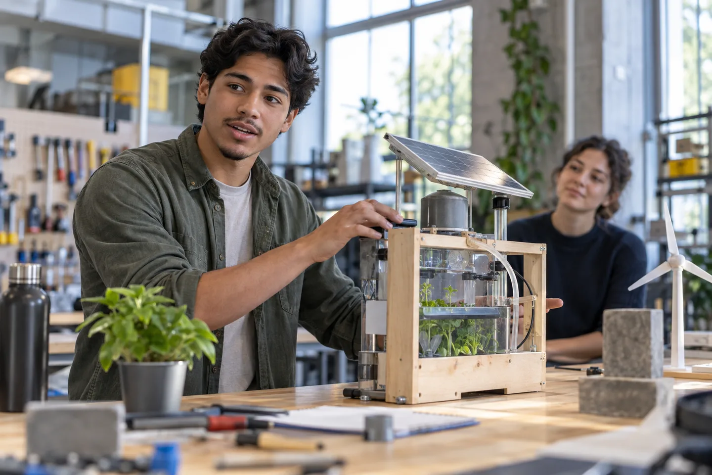 Young student presenting a sustainable engineering prototype to a collaborator in a university maker lab
